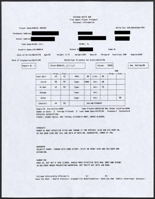 Danny Graves scouting report, 1994 February 05