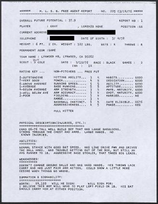 Lorenzo Gray scouting report, 1976 March 19