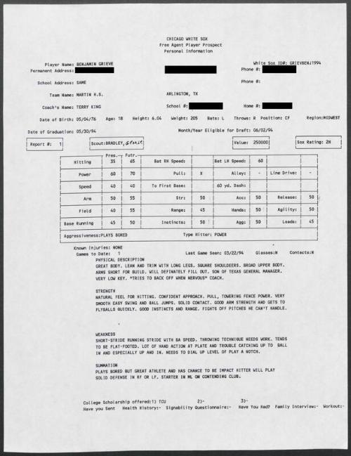 Ben Grieve scouting report, 1994 March 22