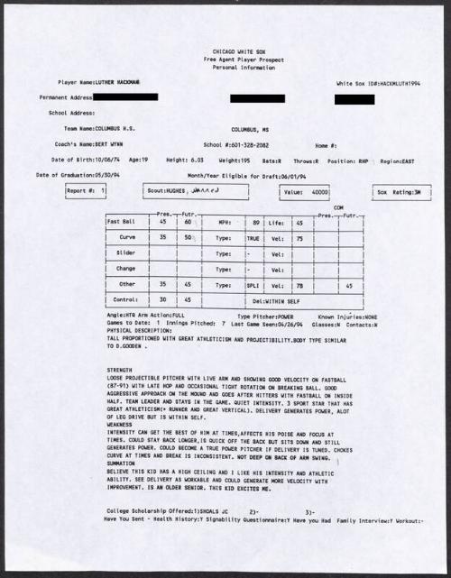 Luther Hackman scouting report, 1994 April 26