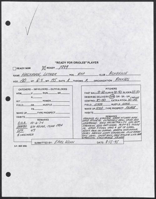 Luther Hackman scouting report, 1995 August 15