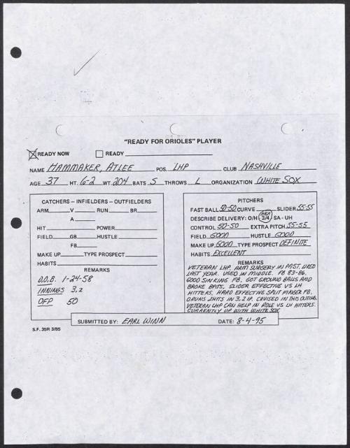 Atlee Hammaker scouting report, 1995 August 04