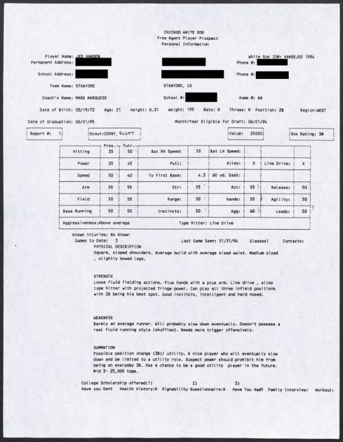 Jed Hansen scouting report, 1994 January 31
