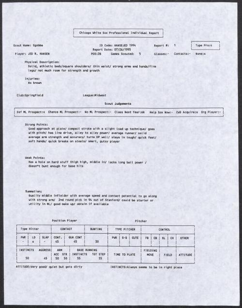 Jed Hansen scouting report, 1995 July 26