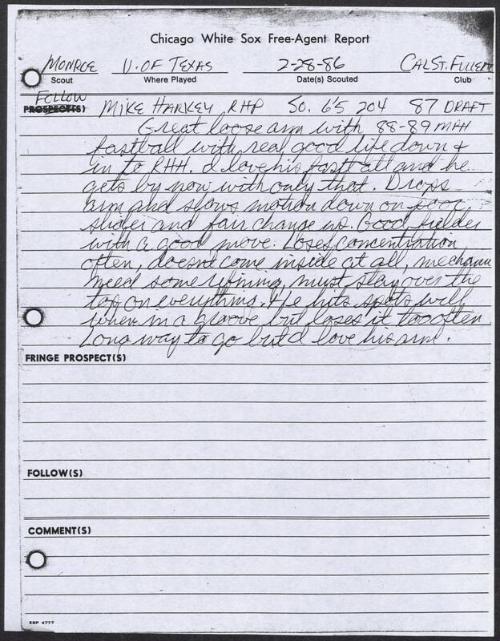 Mike Harkey scouting report, 1986 February 28