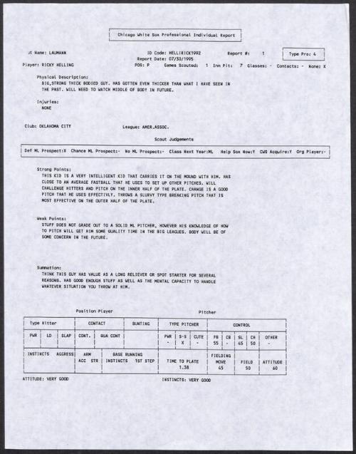 Rick Helling scouting report, 1995 July 30