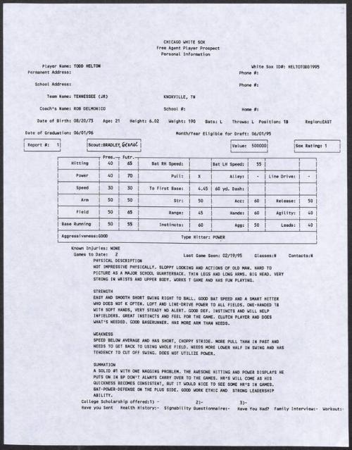 Todd Helton scouting report, 1995 February 19