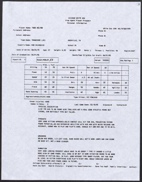 Todd Helton scouting report, 1995 February 18