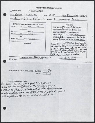 Oscar Henriquez scouting report, 1995 June 30