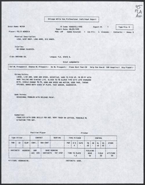 Felix Heredia scouting report, 1995 August 25