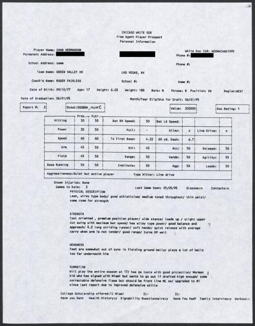 Chad Hermansen scouting report, 1995 May 05