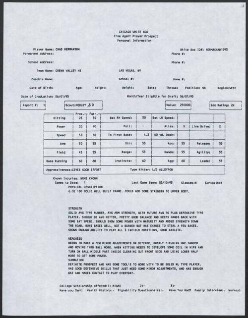 Chad Hermansen scouting report, 1995 March 10