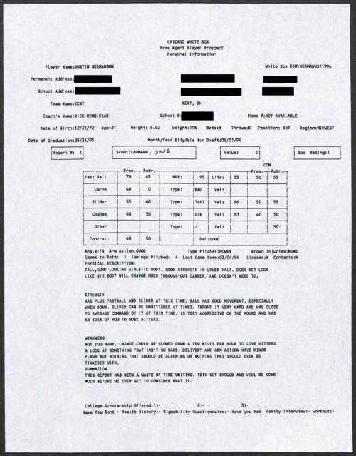 Dustin Hermanson scouting report, 1994 March 04
