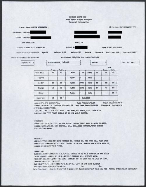 Dustin Hermanson scouting report, 1994 May 14
