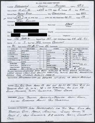 Dustin Hermanson scouting report, 1991 April 25