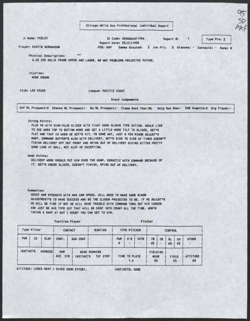 Dustin Hermanson scouting report, 1995 May 21