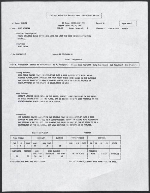 Jose Herrera scouting report, 1995 June 20