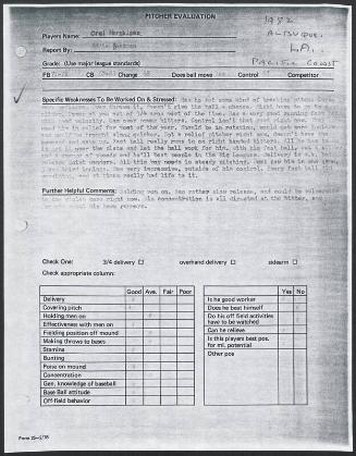 Orel Hershiser scouting report, 1982