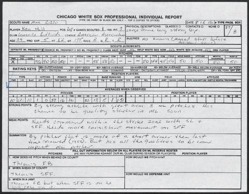 Ken Hill scouting report, 1990 August 06