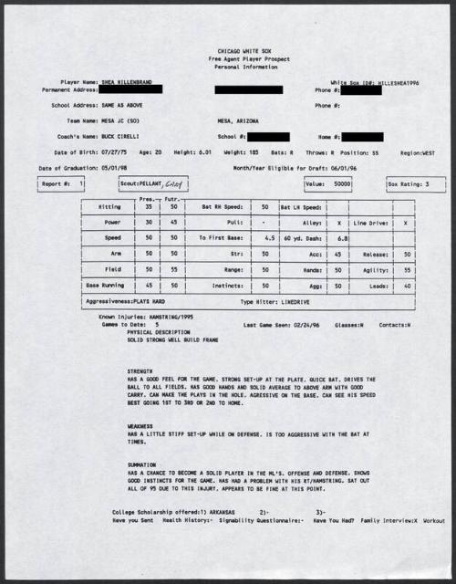Shea Hillenbrand scouting report, 1996 February 24