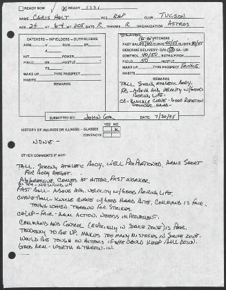Chris Holt scouting report, 1995 July 30