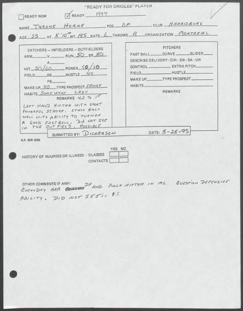 Tyrone Horne scouting report, 1995 May 25