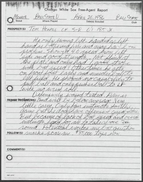 Thomas Howard scouting report, 1986 April 26