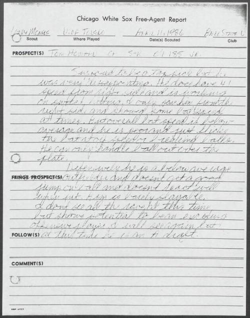 Thomas Howard scouting report, 1986 April 11