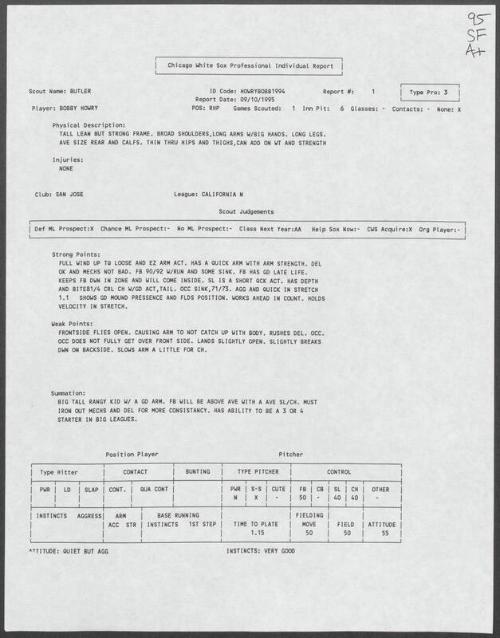 Bob Howry scouting report, 1995 September 10