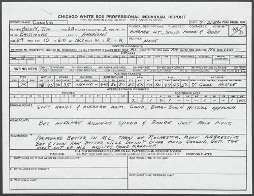 Tim Hulett scouting report, 1989 September 21