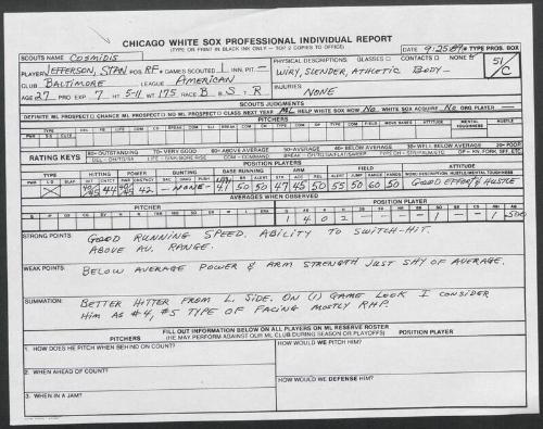 Stan Jefferson scouting report, 1989 September 25