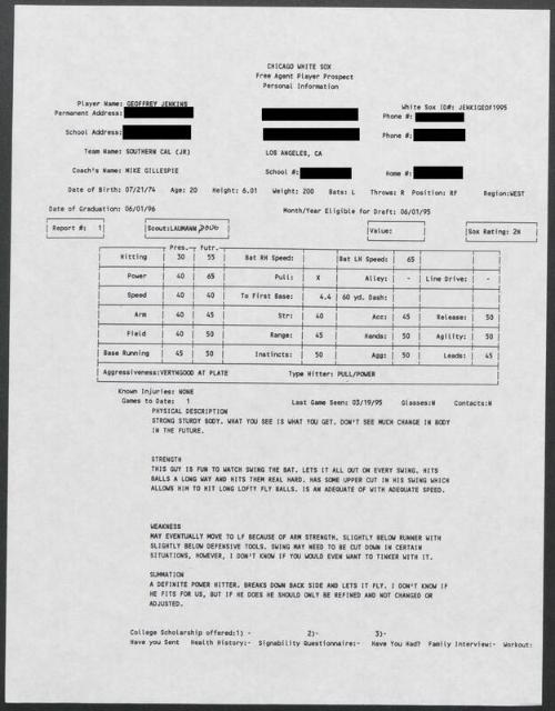 Geoff Jenkins scouting report, 1995 March 19
