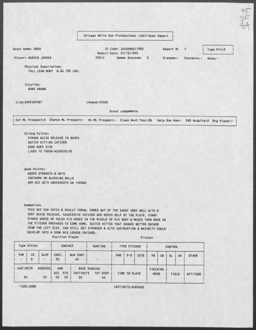 Marcus Jensen scouting report, 1995 July 13
