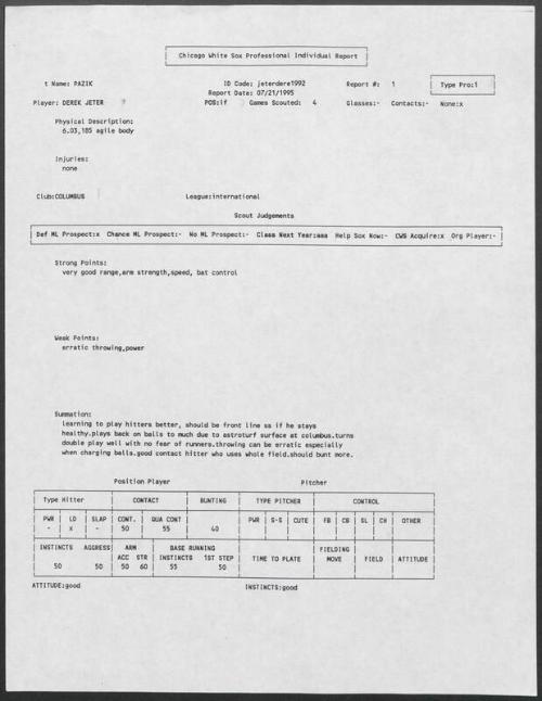 Derek Jeter scouting report, 1995 July 21