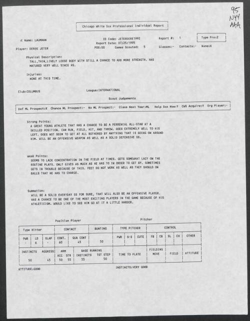 Derek Jeter scouting report, 1995 July 25