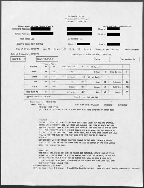 Russ Johnson scouting report, 1994 April 02