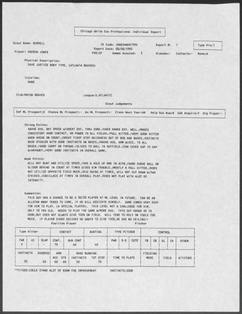 Andruw Jones scouting report, 1995 August 08