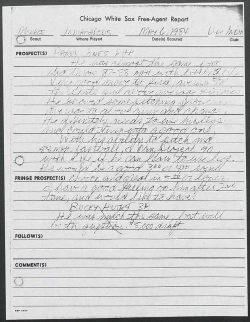 Barry Jones scouting report, 1984 May 06