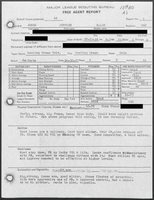 Jeff Jones scouting report, 1977 April 30