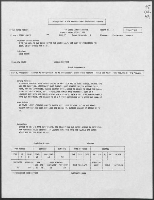 Terry Jones scouting report, 1995 July 01