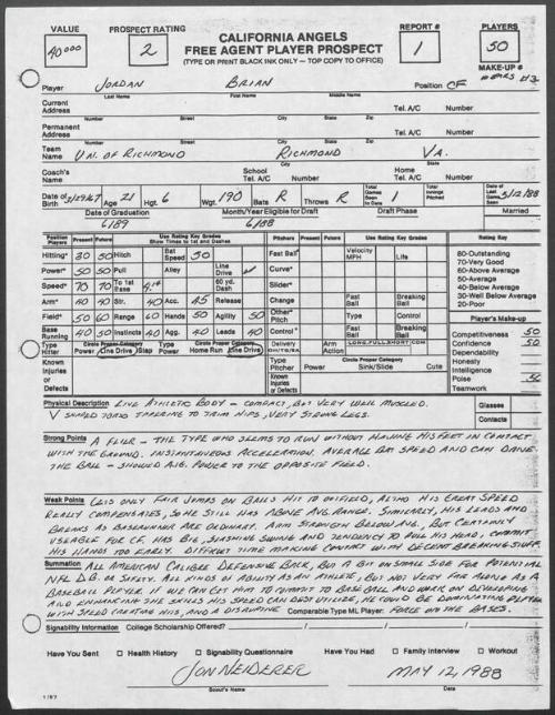 Brian Jordan scouting report, 1988 May 12