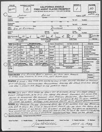 Brian Jordan scouting report, 1988 May 12