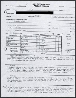 Mike Kelly scouting report, 1989 July 09-10