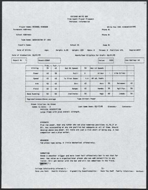 Mike Kinkade scouting report, 1995 February 17