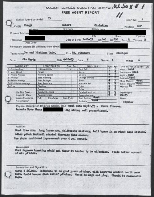 Chris Knapp scouting report, 1975 April 18