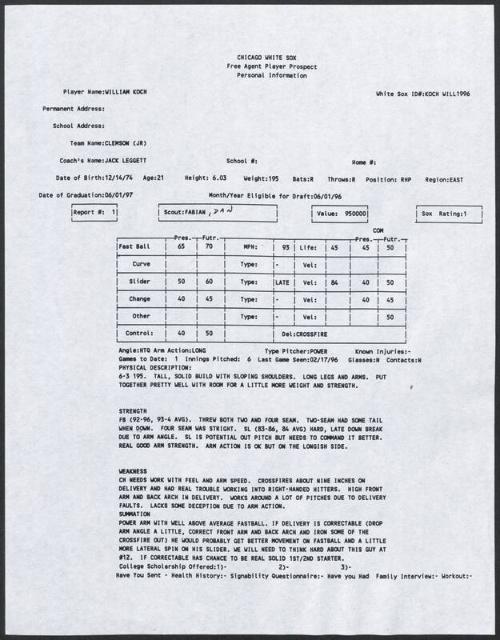 Billy Koch scouting report, 1996 February 17