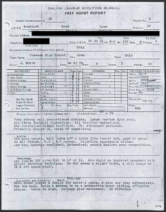 Brad Komminsk scouting report, 1979 April 03