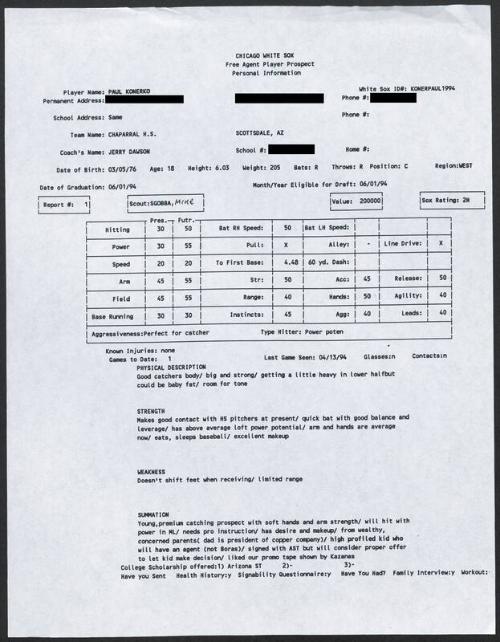 Paul Konerko scouting report, 1994 April 13