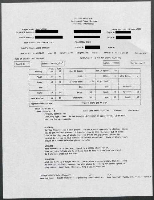 Mark Kotsay scouting report, 1996 March 02