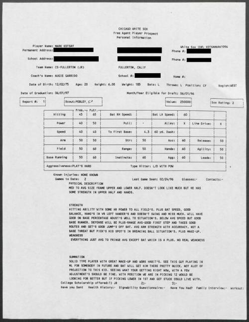 Mark Kotsay scouting report, 1996 February 24